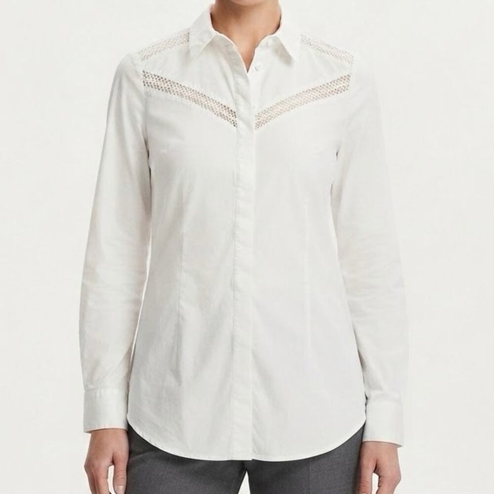 Rebecca Taylor White Button Up Shirt Crochet Insert Long Sleeve Blouse Size 4